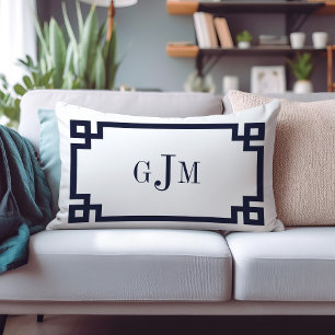 Navy and White Greek Key Monogram Lumbar Pillow