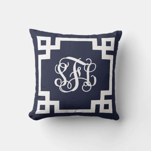 Navy and White Greek Key Script Monogram Throw Pillow