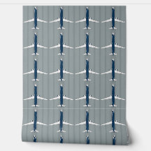 Navy and White Jet Pattern on Subtle Striped Gray
