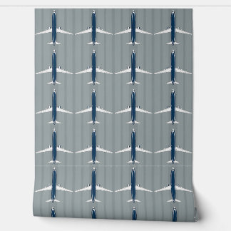 Navy and White Jet Pattern on Subtle Striped Gray  Wallpaper
