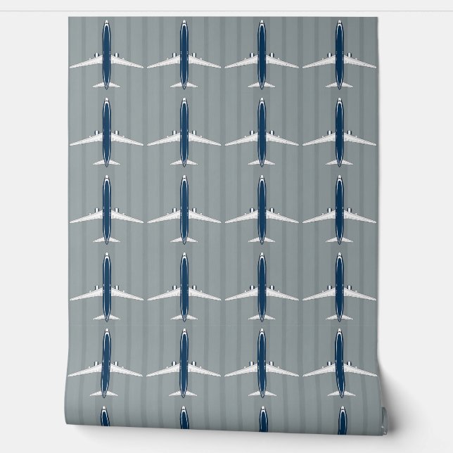 Navy and White Jet Pattern on Subtle Striped Gray  Wallpaper (Unrolling)
