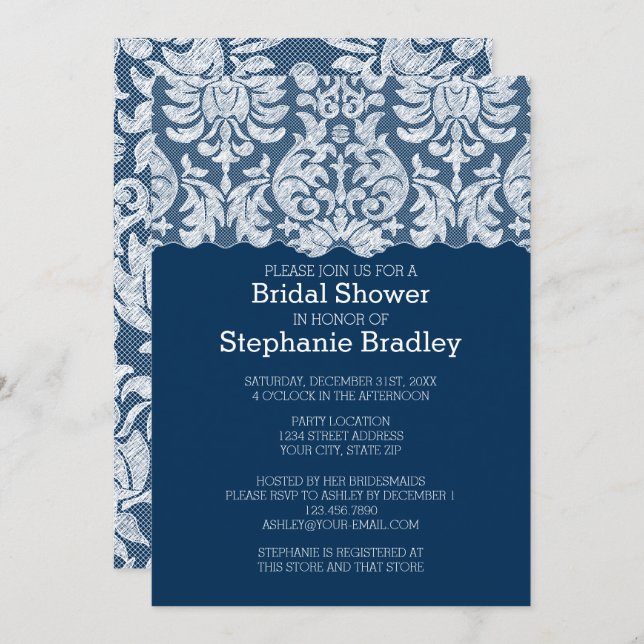 Navy and White Lace Damask Pattern Bridal Shower Invitation (Front/Back)