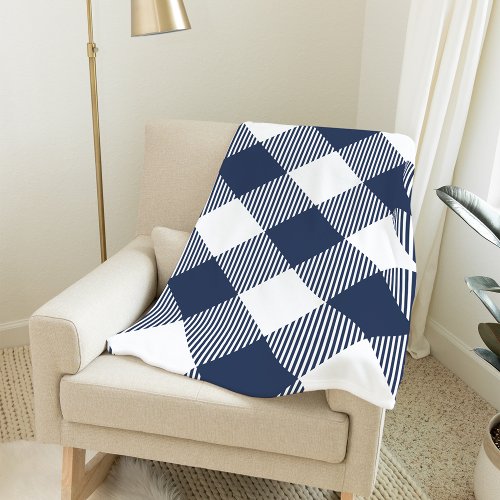 Navy and White Large_Scale Gingham Plaid Fleece Blanket