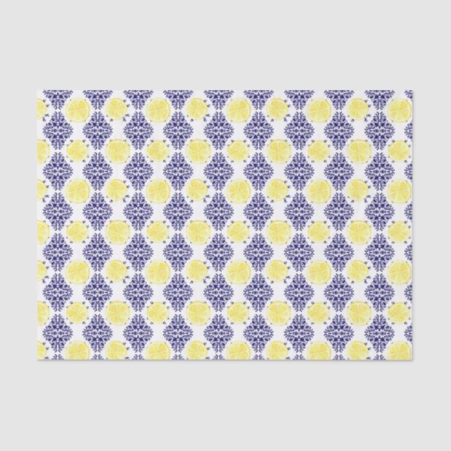 Navy and White Lemon Damask Pattern Tissue Paper (Front)