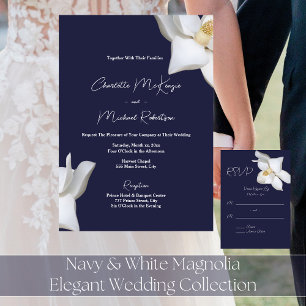 Navy and White Magnolia Elegant Wedding Invitation