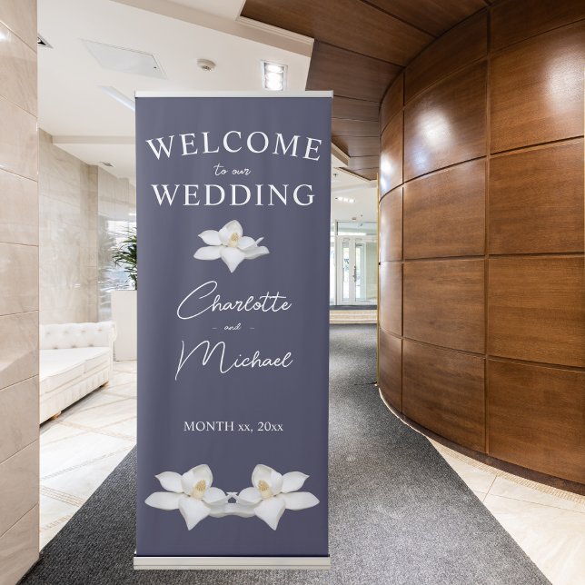 Navy and White Magnolia Elegant Wedding Reception Retractable Banner (Navy and White Magnolia Elegant Wedding Reception Retractable Banner)