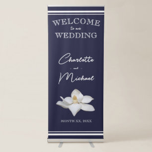 Navy and White Magnolia Elegant Wedding Retractable Banner