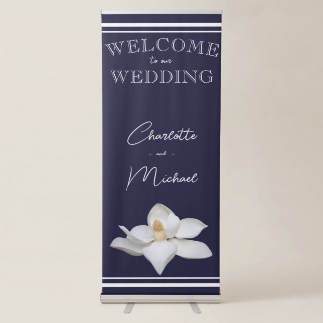Navy and White Magnolia Elegant Wedding Retractable Banner (Front)