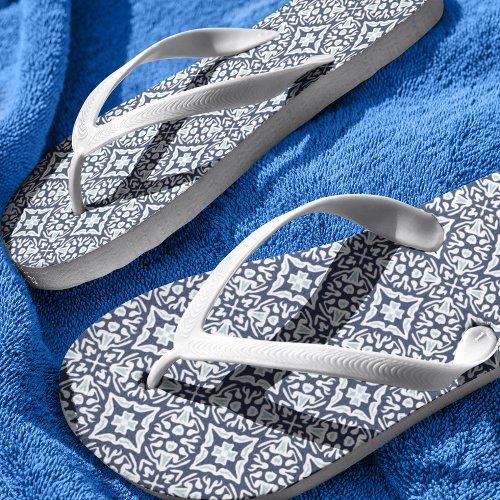 Navy and White Mediterranean Pattern Flip Flops