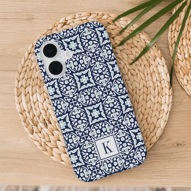 Navy and White Mediterranean Pattern Monogram iPhone Case (Creator Uploaded)