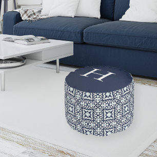 Navy and White Mediterranean Pattern Monogram Pouf