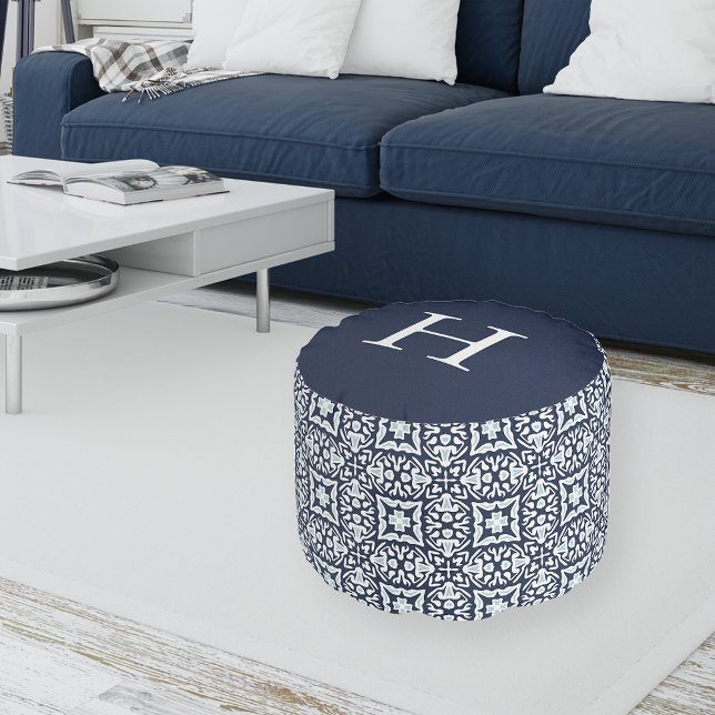 Navy and White Mediterranean Pattern Monogram Pouf (Creator Uploaded)