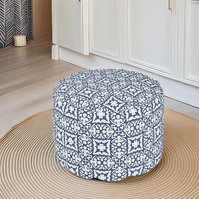 Navy and White Mediterranean Pattern Pouf (Creator Uploaded)