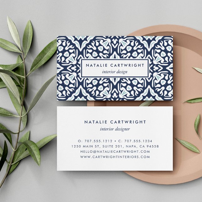 Navy and White Mediterranean Tile Pattern Business Card (Creator Uploaded)