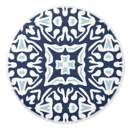 Navy and White Mediterranean Tile Pattern Ceramic Knob