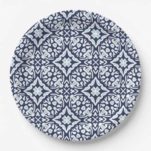 Navy and White Mediterranean Tile Pattern Paper Plates