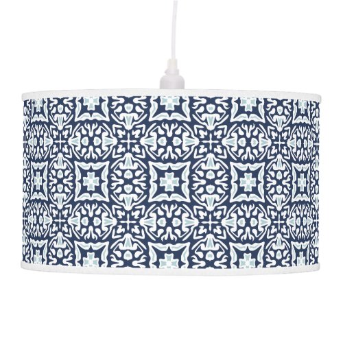 Navy and White Mediterranean Tile Pattern Pendant Lamp