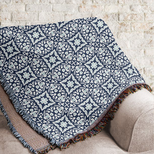 Navy and White Mediterranean Tile Pattern Throw Blanket
