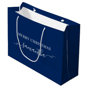 Navy and White Merry Christmas Ribbon Swash Name Large Gift Bag