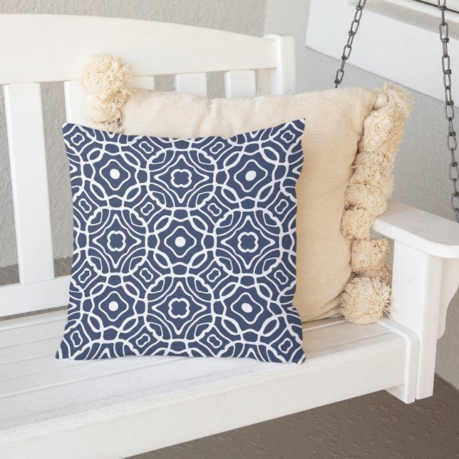 Navy and White Modern Quatrefoil Pattern Outdoor Pillow (Creator Uploaded)