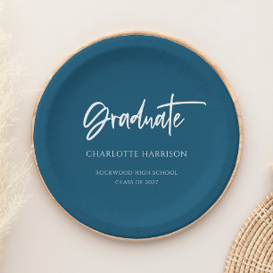 Navy and White Modern Script Graduation Party Paper Plates