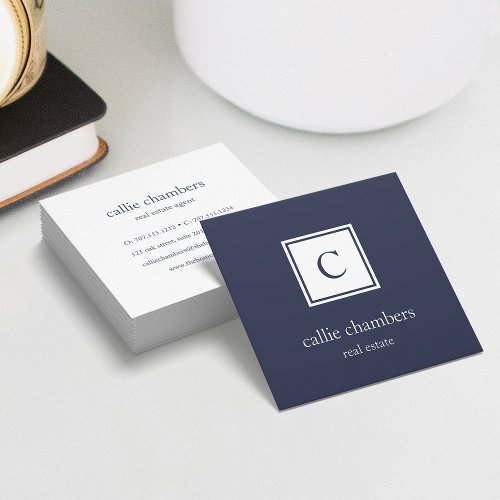 Navy and White Monogram Square Business Card