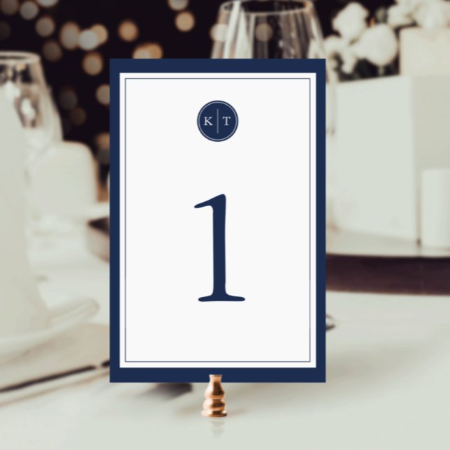 Navy and White Monogram Table Number Card (Creator Uploaded)