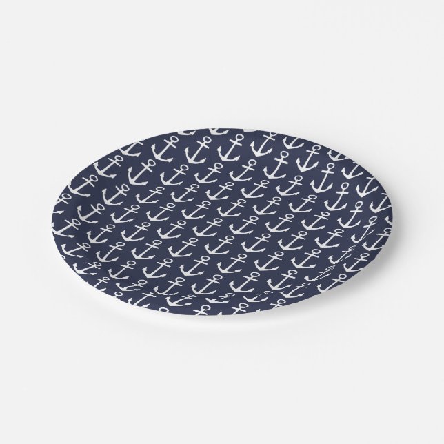 Navy and White Nautical Anchor Paper Plates (Angled)