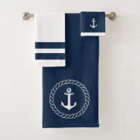 Modern Nautical Anchor Bathroom Navy blue white Bath Towel Set, Zazzle