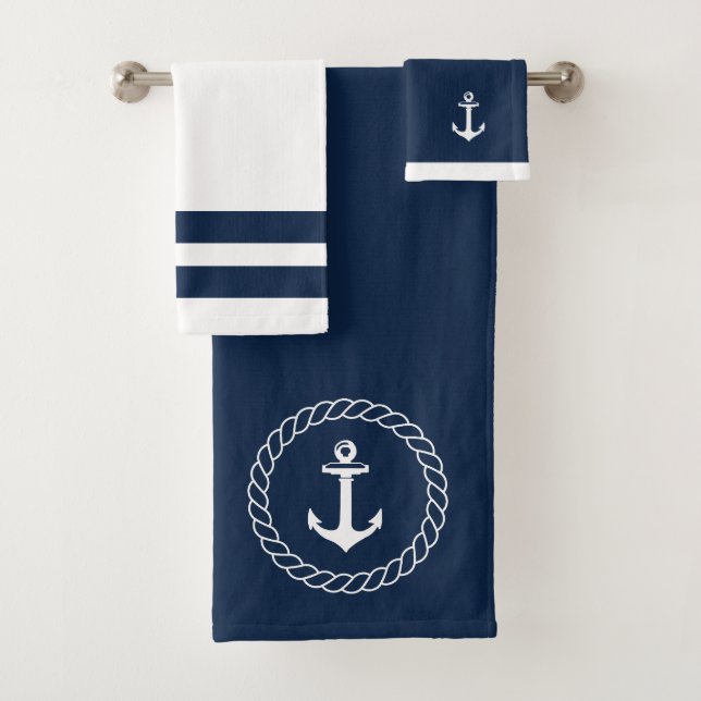 Navy and White Nautical Bath Towels with Anchor (Insitu)