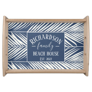 Navy and White Palm Leaves Beach House  Serving Tray