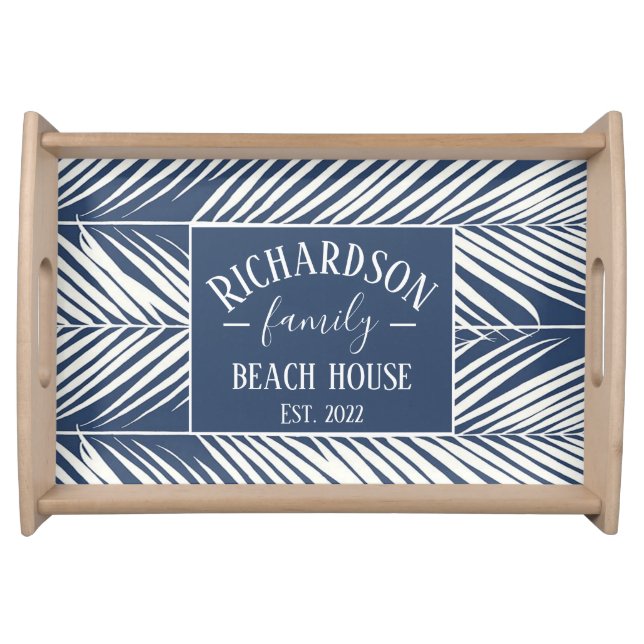 Navy and White Palm Leaves Beach House  Serving Tray (Front)