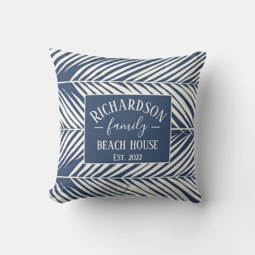 Navy and White Palm Leaves Beach House Throw Pillow