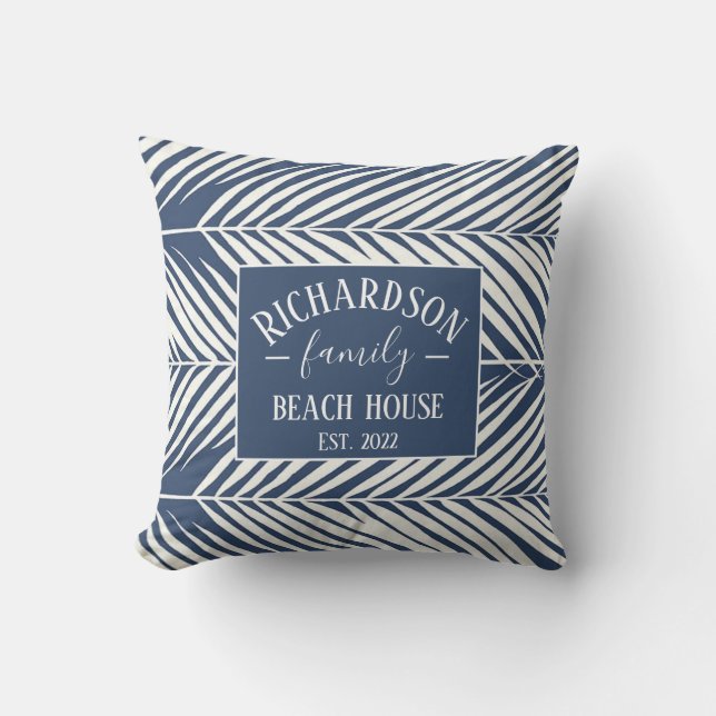 Navy and White Palm Leaves Beach House Throw Pillow (Front)