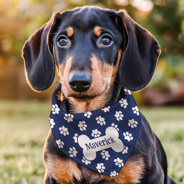 Navy And White Paw Print Dog Bone Custom Name Pet Bandana Collar (Creator Uploaded)