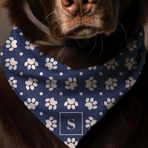 Navy And White Polka Dot Paw Print Monogram Dog Bandana