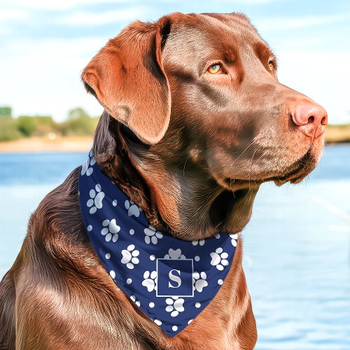 Navy And White Polka Dot Paw Print Monogram Pet Bandana Collar