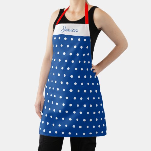 Navy and White Polka Dot Red Personalized Name Apron