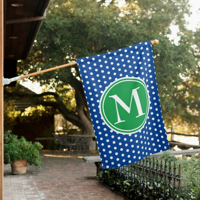Navy and White Polka Dot With Green Monogram House Flag (In SItu)