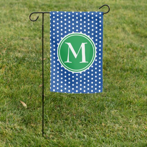 Navy and White Polka Dot With Green Monogram House Garden Flag