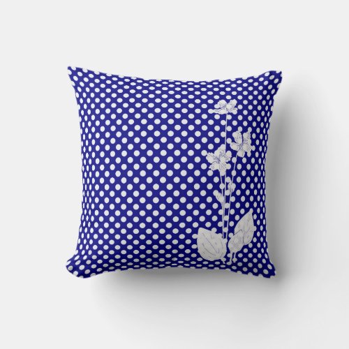 Navy and White Polka Dots with White Flower Pillow