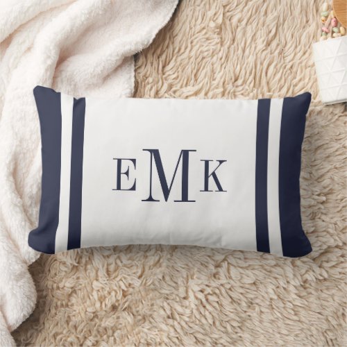 Navy and White Preppy Ribbon Custom Monogram Lumbar Pillow