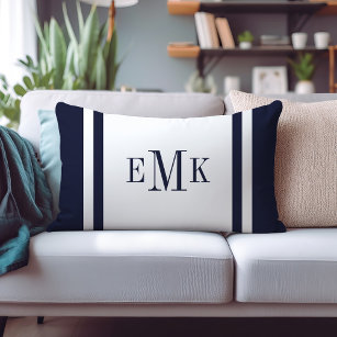 Navy Blue and White Preppy Square Monogram Throw Pillow