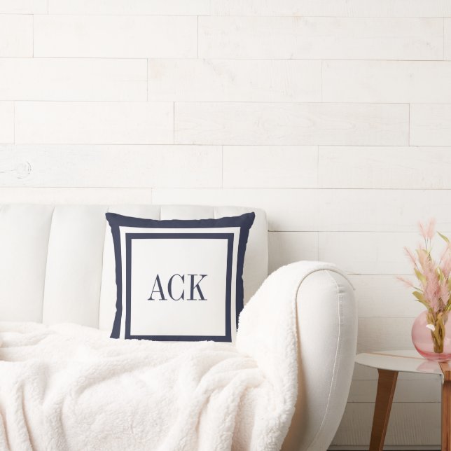 Navy and White Preppy Ribbon Dots Custom Monogram Throw Pillow (Couch)