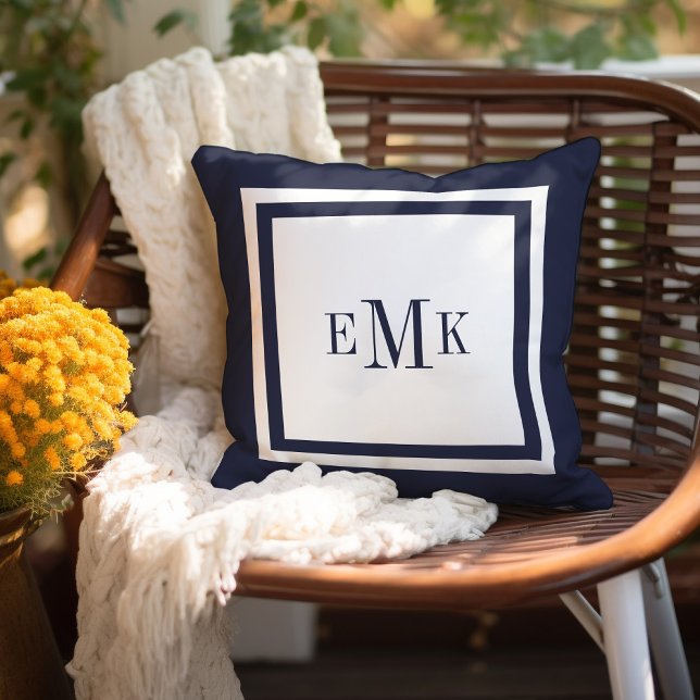 Navy and White Preppy Ribbon Dots Custom Monogram Throw Pillow (Creator Uploaded)