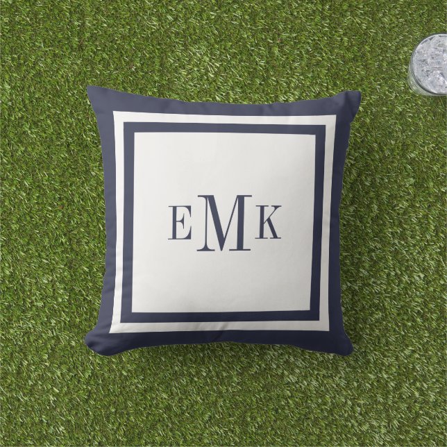 Navy and White Preppy Ribbon Dots Custom Monogram Throw Pillow (Grass)