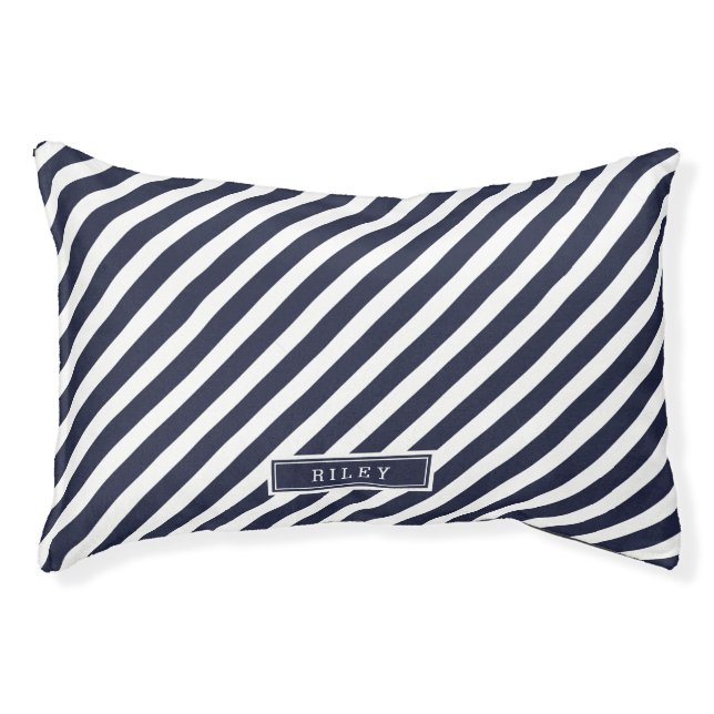 Navy and White Preppy Stripes Monogram Pet Bed (Front)