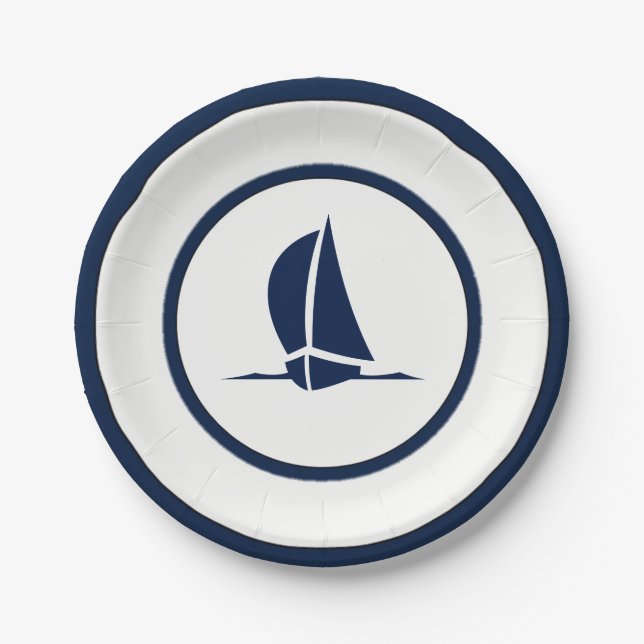 Navy and White Sailboat Paper Plates (Front)