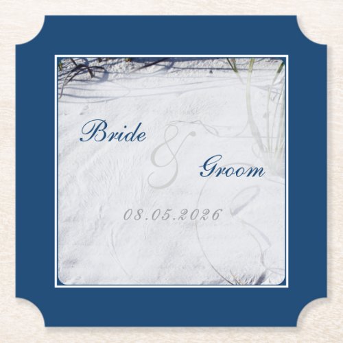 Navy and White Sandy Beach Wedding Paper Coaster