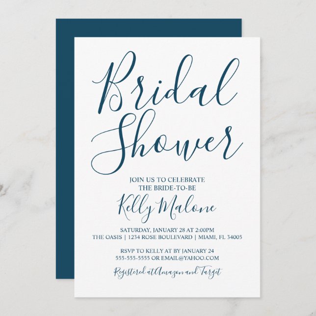 Navy and White Script Bridal Shower Invitation (Front/Back)